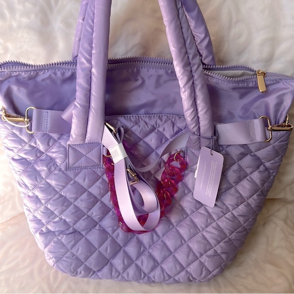Lavender Quilted Nylon Tote with Detachable Pouch